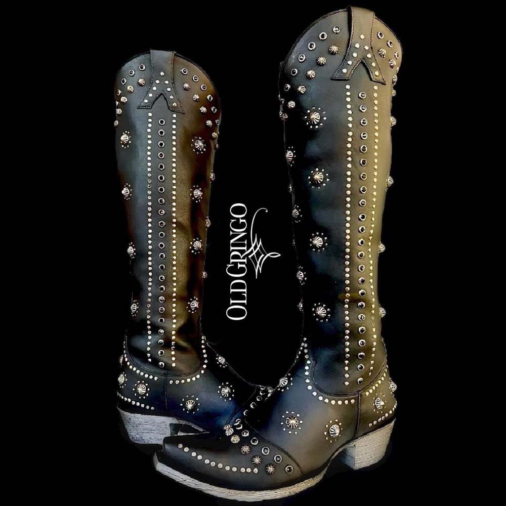 OLD GRINGO Kellie 18” L3095-1 Studded Knee High Cowboy Western Black Boots